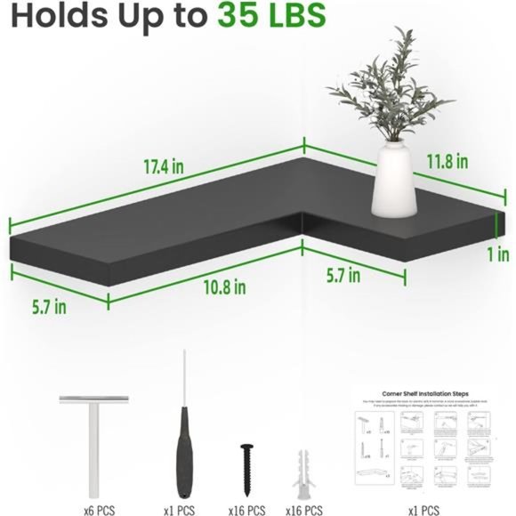 Corner Floating Shelves with Invisible Brackets,  Set of 3, 17" x 6" (Black) - Picture 3 of 6